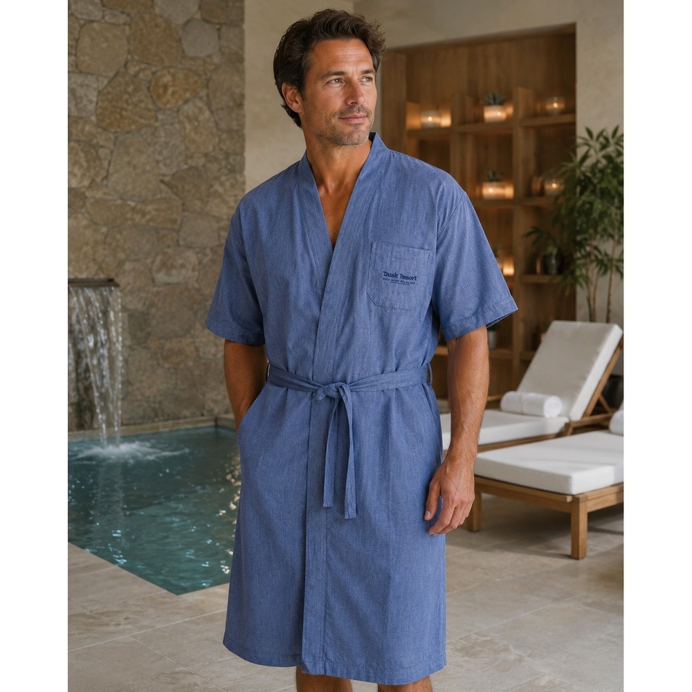 Dusit Resort Robe Unisex L Blue‎ Micro-Check Wrap Kimono Spa Resortwear Vintage